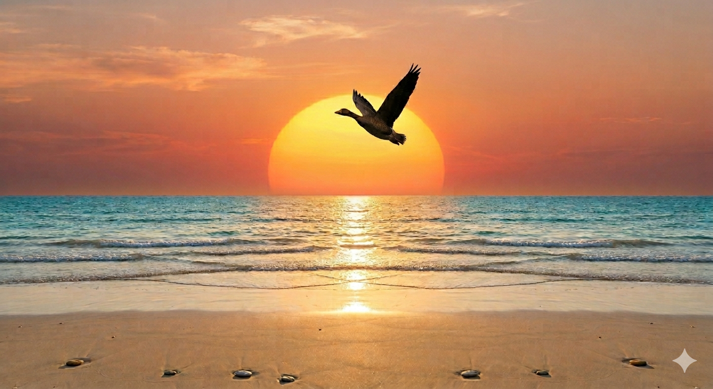 Serene beach sunset with bird flying - symbol of freedom and meditation